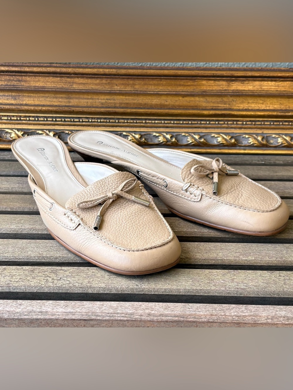 Etienne Aigner women’s E Walton Taupe Leather Slip-On Mules with Bow size 8.5